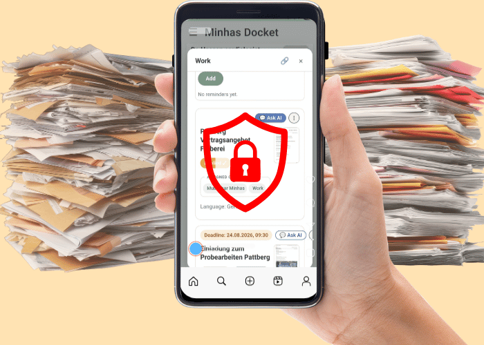 Image of Papers pile and a mobile with security lock